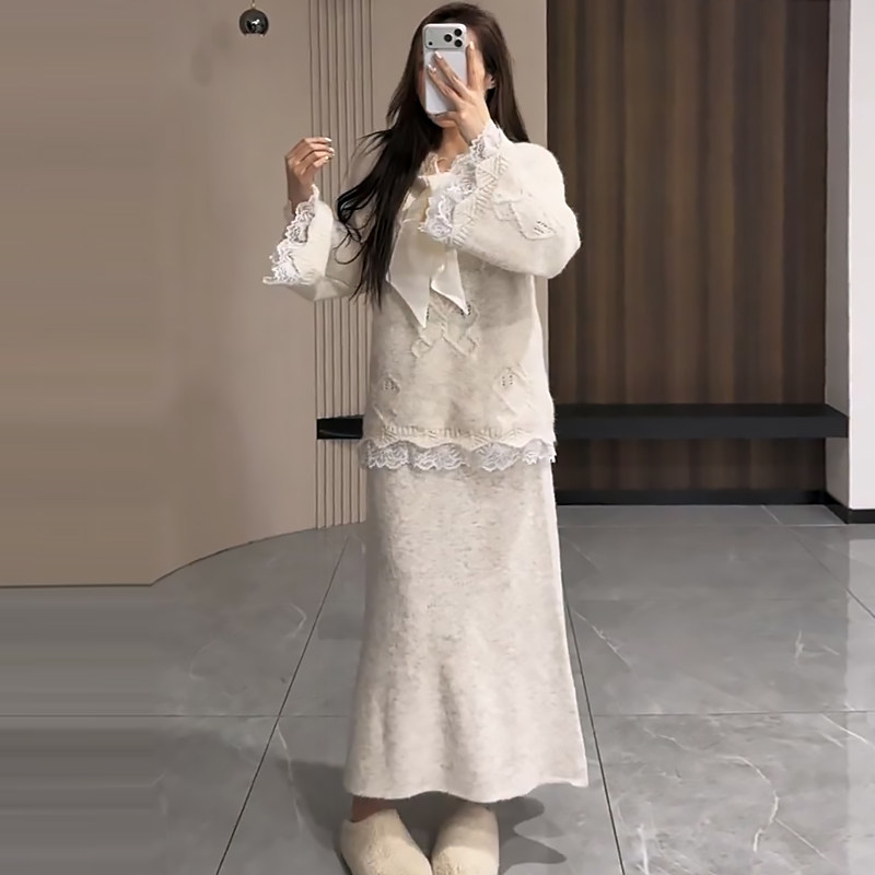 蕾丝边蝴蝶结针织毛衣半身裙套装胖mm2026春冬新显瘦宽松大码女装,淘宝优惠券,粉丝福利购,淘宝优惠卷