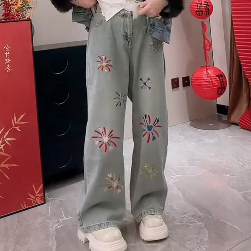 烟花刺绣牛仔阔腿裤休闲女裤子胖mm2026春冬新款宽松显瘦大码女装,淘宝优惠券,粉丝福利购,淘宝优惠卷