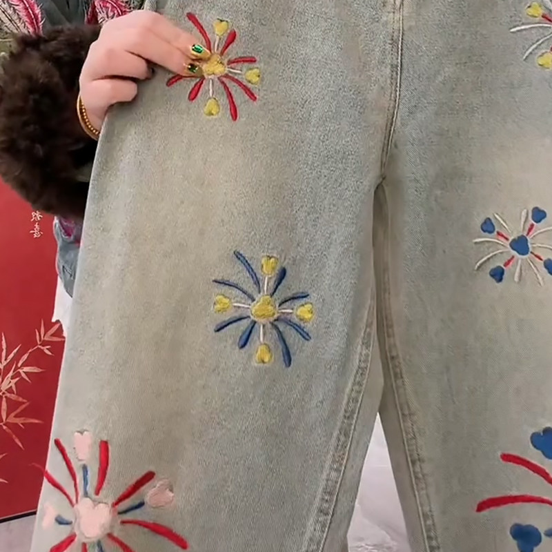 烟花刺绣牛仔阔腿裤休闲女裤子胖mm2026春冬新款宽松显瘦大码女装,淘宝优惠券,粉丝福利购,淘宝优惠卷