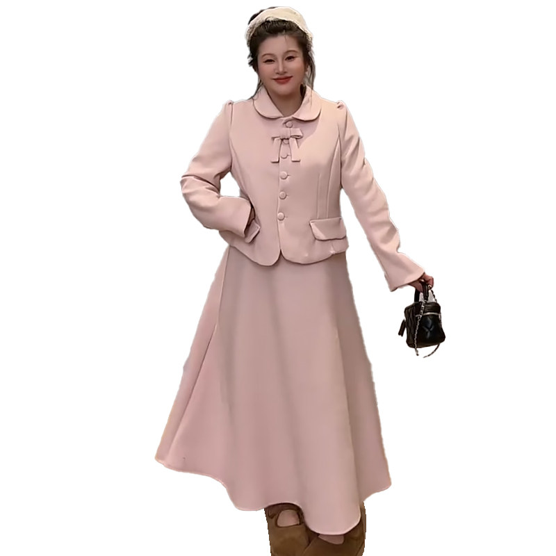 蝴蝶结加棉毛呢外套A字半身裙胖mm2025冬季新款显瘦宽松大码女装,淘宝优惠券,粉丝福利购,淘宝优惠卷