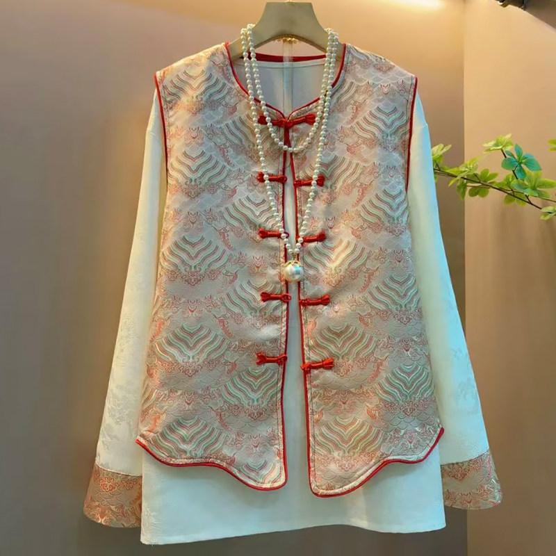 提花复古盘扣马甲打底衫两件套胖mm2026春冬新款显瘦宽松大码女装,淘宝优惠券,粉丝福利购,淘宝优惠卷