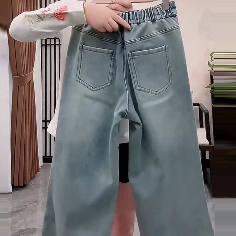 减龄花朵高腰休闲女裤牛仔裤子胖mm2025冬季新款宽松显瘦大码女装 - 图1