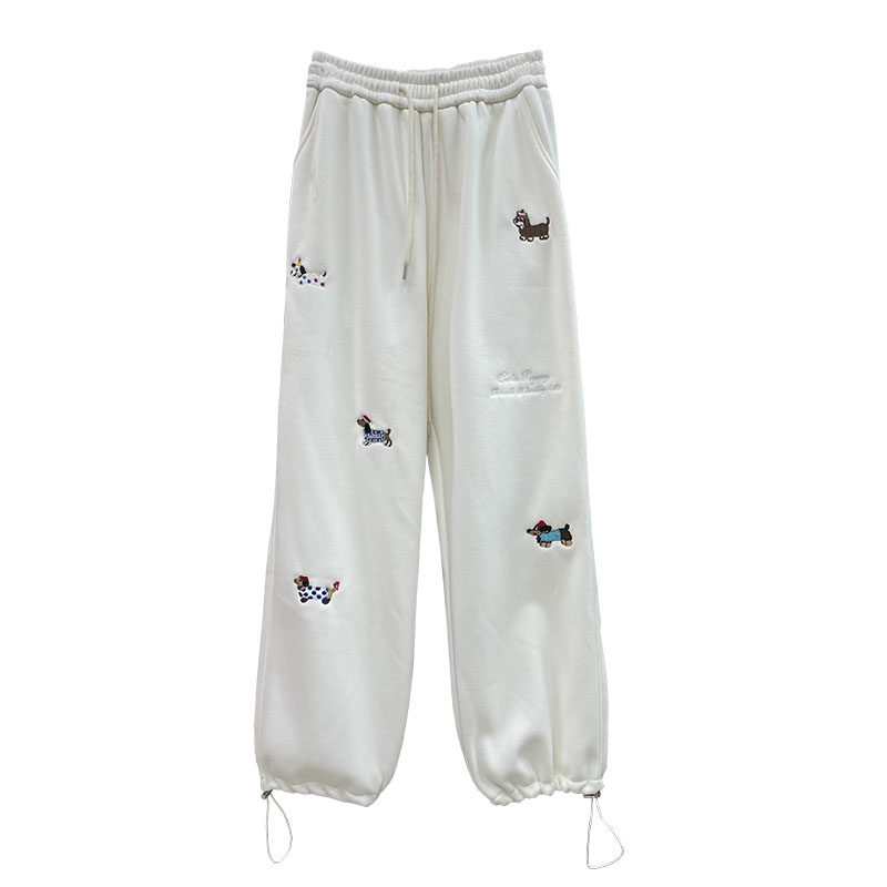 小狗狗图案裤子女冬季加绒加厚腊肠狗刺绣花收口束脚阔腿直筒卫裤,淘宝优惠券,粉丝福利购,淘宝优惠卷