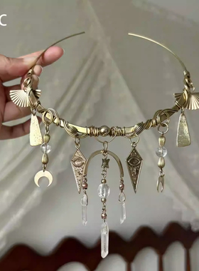 复古金色几何月亮流苏项链中古时尚个性独特小众感choker锁骨链