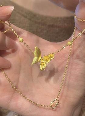 「繁花蝶梦」古金色拉丝蝴蝶花朵吊坠项链复古轻奢千金感锁骨链女