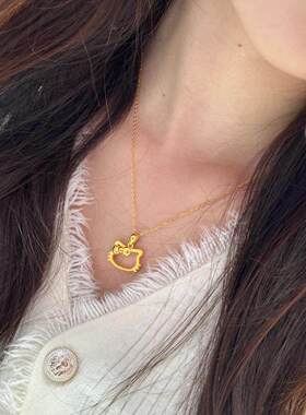 HelloKitty镂空金色项链女高级感凯蒂猫KT蝴蝶结锁骨链轻奢设计感