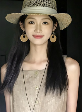 波西米亚复古竹藤草编耳环女海边度假风高级感耳饰夏日显脸小耳钉
