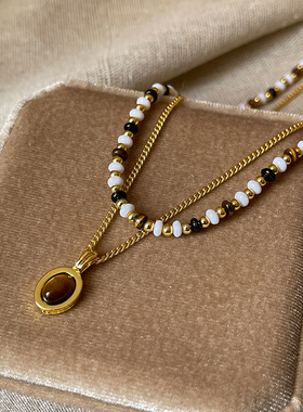 双层虎眼石串珠项链女新款轻奢小众锁骨链气质毛衣链大气高档颈链