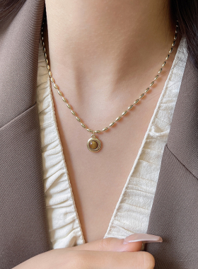 复古米粒虎眼石吊坠项链女