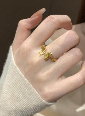 中古金色拉丝蝴蝶戒指女轻奢高级感开口食指戒小众设计感精致指环