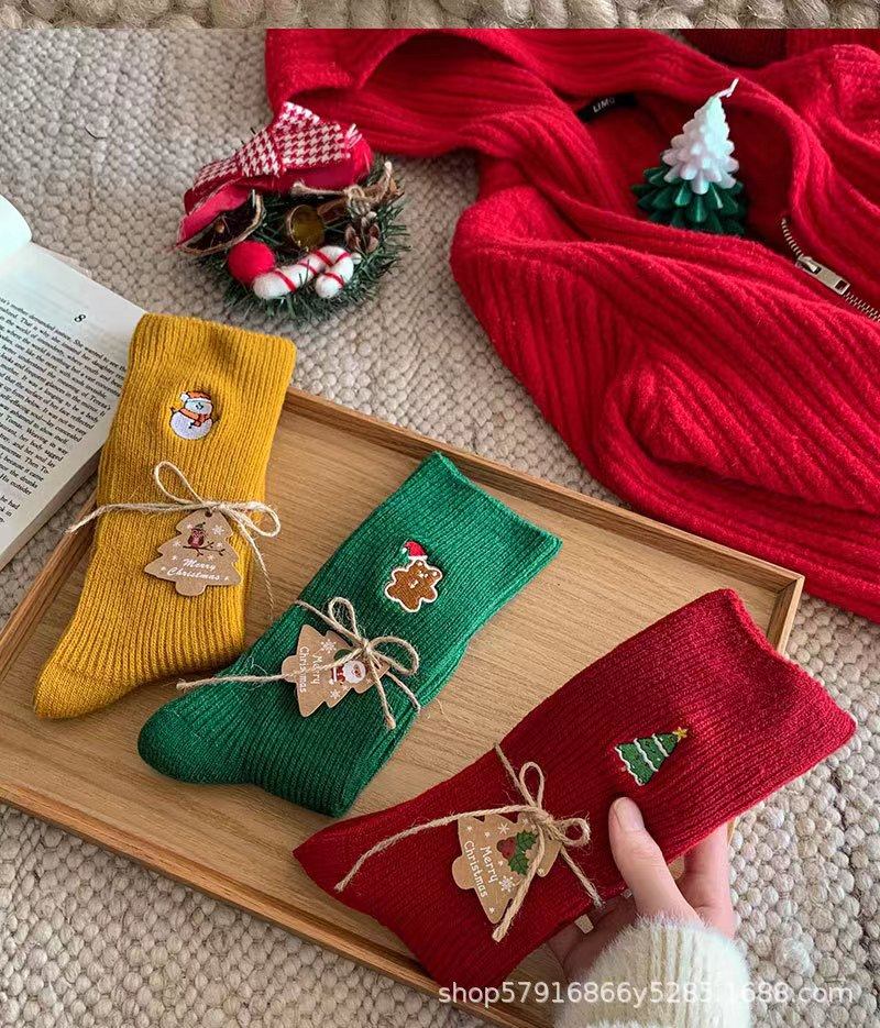 圣诞袜羊毛中筒袜子女加厚保暖袜节日圣诞节竖条纯色刺绣高筒,淘宝优惠券,粉丝福利购,淘宝优惠卷