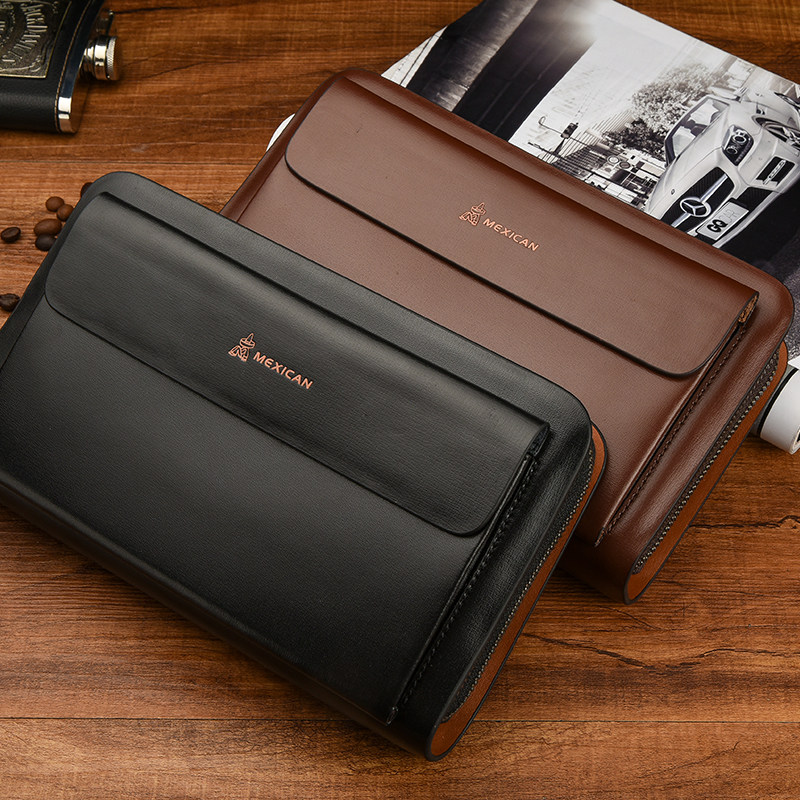 稻草人双拉链男士牛皮大容量男钱包 明聚箱包男士包袋