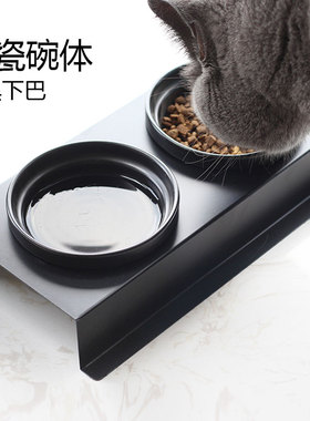 黑色猫盆食盆猫碗陶瓷喝水双碗粮盆猫咪专用幼猫饮水饭碗宠物吃饭