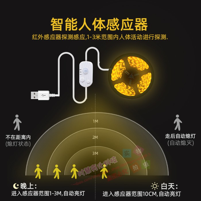 USB智能人体感应灯带LED防水楼道衣厨柜灯玄关小夜灯5v电池盒灯条 - 图2