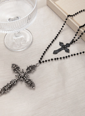 欧美跨境满钻十字架项链黑色暗黑哥特风多层串珠长款毛衣链感