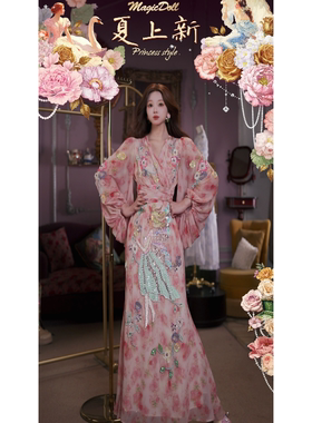 0717直播146洛可可东方美学[花漾花仙]莫兰迪色系国风高腰鱼尾裙