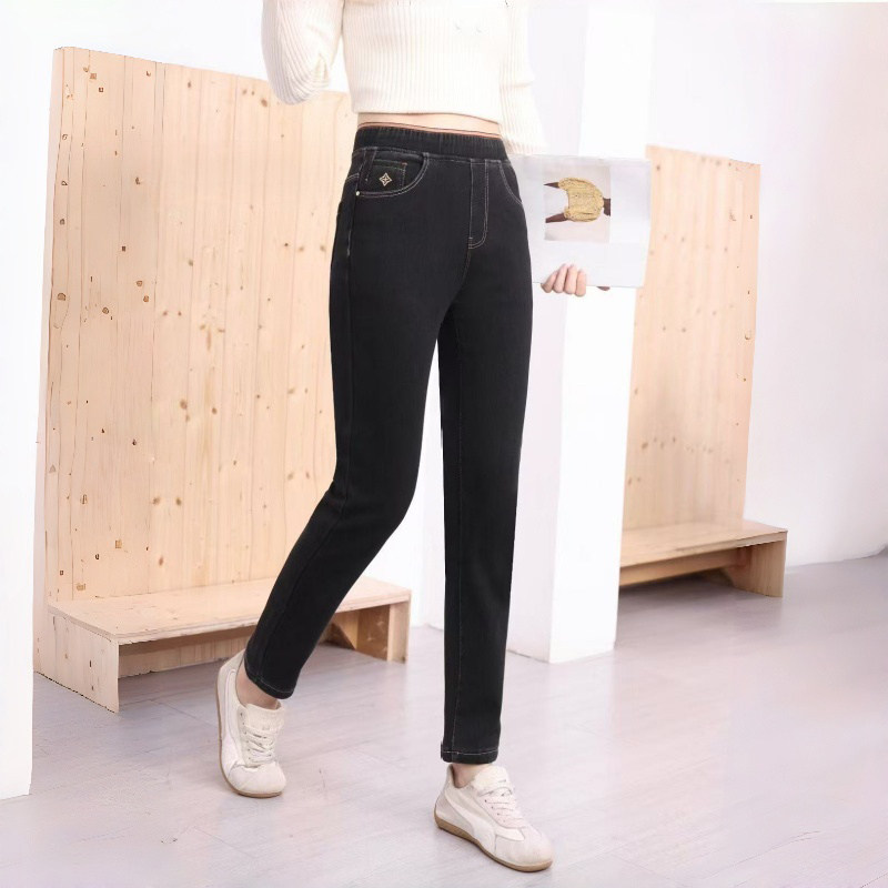 加绒加厚牛仔裤女秋冬季新款松紧腰高腰中年妈妈修身显瘦小脚长裤,淘宝优惠券,粉丝福利购,淘宝优惠卷