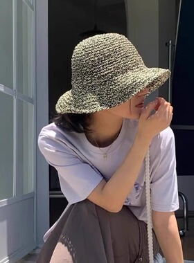 日系混色手工编织渔夫帽女夏季2026新款遮阳帽大沿显脸小防晒草帽