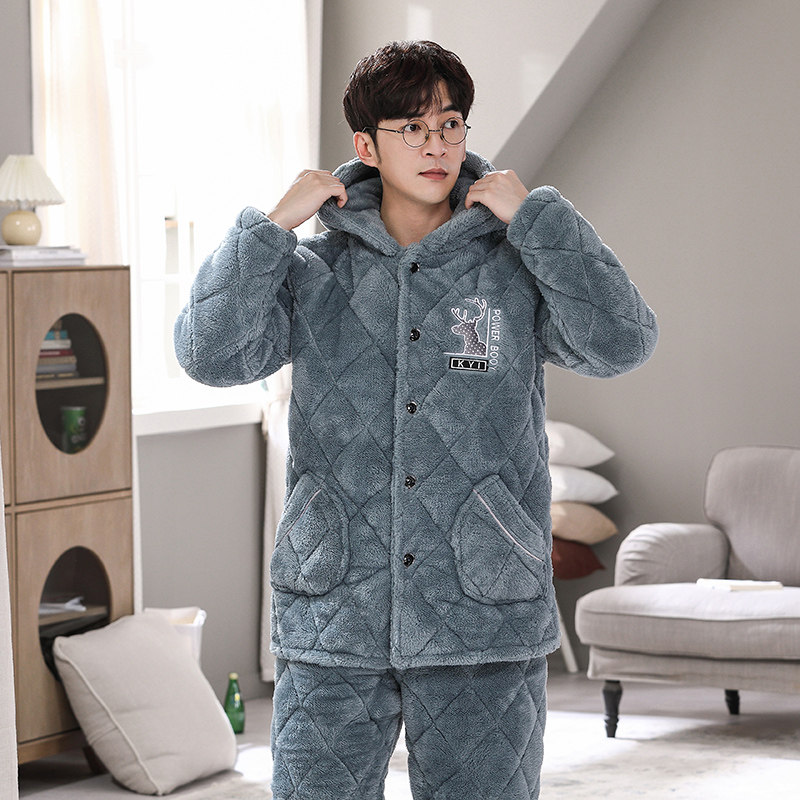 男士秋冬季加绒三层夹棉袄超厚睡衣 凯玥璐睡衣/家居服套装