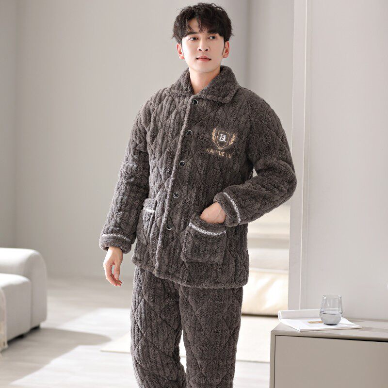 男士冬季珊瑚绒加绒青年三层夹睡衣 凯玥璐睡衣/家居服套装