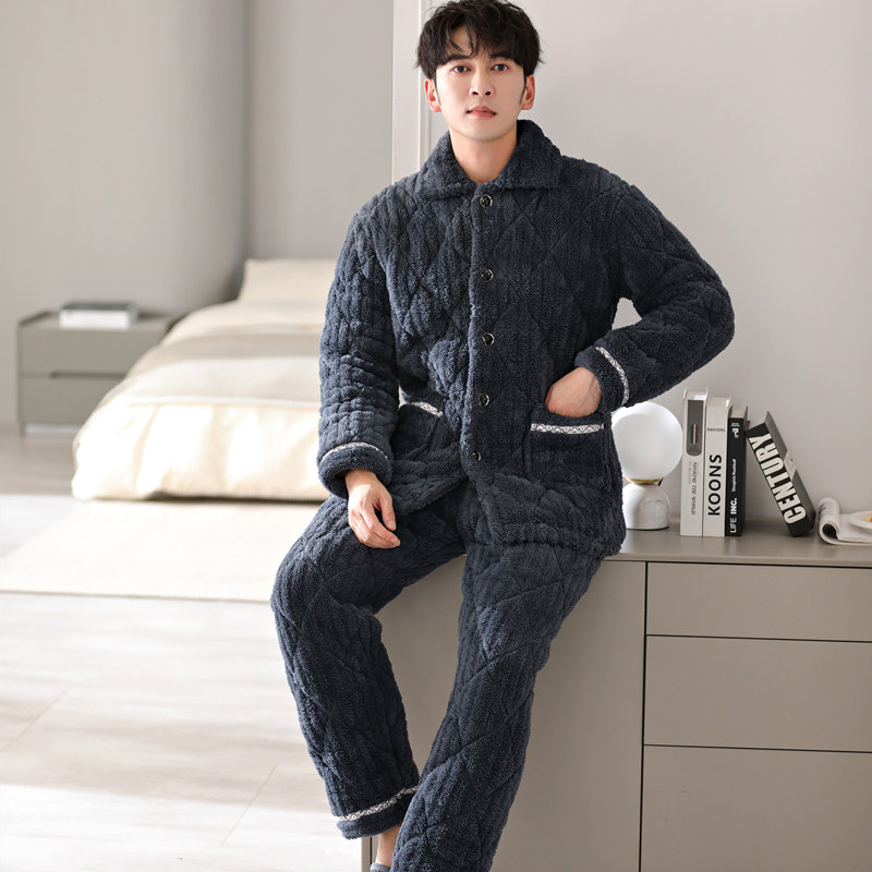 男士冬季珊瑚绒加绒青年三层夹睡衣 凯玥璐睡衣/家居服套装