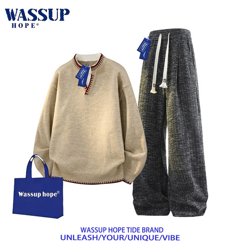 WASSUP HOPE休闲套装男春秋季新款假两件v领卫衣宽松直筒阔腿长裤 - 图3