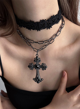 【暗黑辣妹风】蕾丝十字架项链