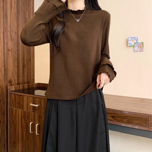 小吉家大码女装秋冬新款木耳边半高领长袖磨毛上衣显瘦打底T恤女 - 图2