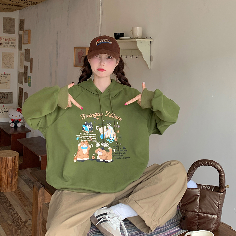 小吉家大码女装卡通印花减龄卫衣秋冬可爱印花宽松型显瘦连帽上衣 - 图0