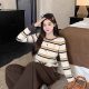 Xiaojijia Plus Size Damen Herbst neuer gestreifter, kontrastfarbener Welpe bestickter dünner Pullover im koreanischen Stil, altersreduzierendes Oberteil