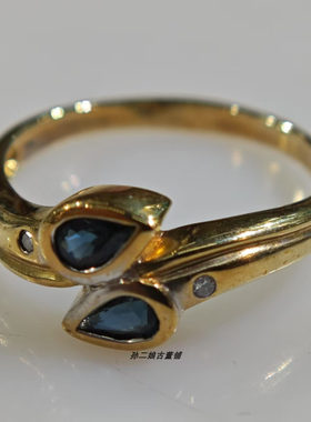 英国Vintage珠宝伯明翰产9K黄金镶嵌天然蓝宝石钻石设计款戒指