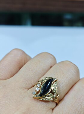 英国产Vintage珠宝14K黄金镶嵌天然缟玛瑙钻石设计款戒指复古时尚