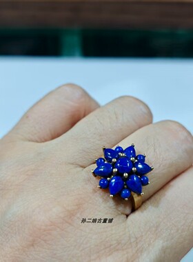 英国Vintage珠宝伯明翰9K黄金镶嵌天然青金石设计款戒指时尚独特