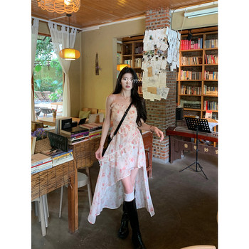 [Jiuyi Homemade] Floral Irregular Mid-Length Suspender Dress Women's Sleeveless High Waist Skirt Slim Skirt