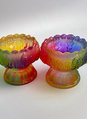 琉璃灯座摆件磨砂亮面八吉祥酥油灯底座供奉佛用具黄水晶莲花灯座