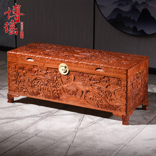 香樟木箱子婚嫁箱结婚手工精雕衣箱实木字画箱嫁妆箱收藏收纳盒 - 图2