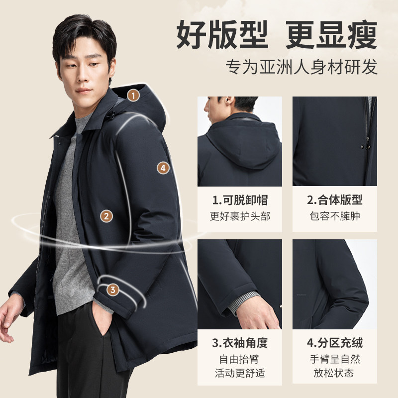 【三防】金利来2025秋冬新款男士羽绒服抑菌鹅绒中长可卸连帽外套