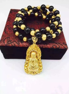 不掉色黑玛瑙观音金项链