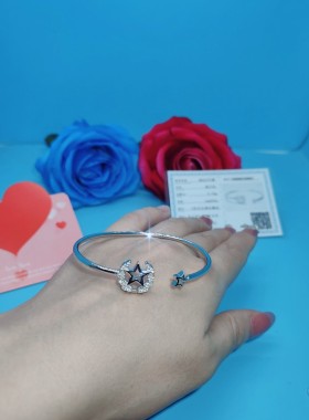 军旅风通体银手镯开口设计925纯银领花五星麦穗雕刻开口手链军恋