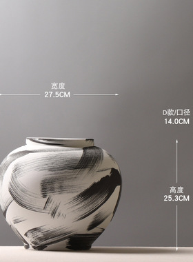 水墨手绘黑白色陶瓷花瓶新中式样板房花架创意插花装饰品书房摆件