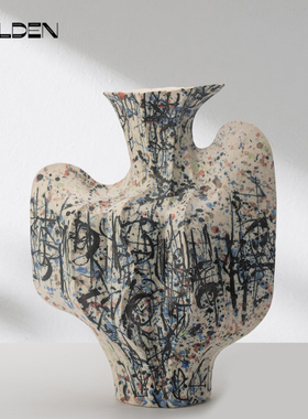 侘寂风手绘陶瓷花瓶摆件乔迁开业礼品抽象陶瓷花器酒店样板间软装