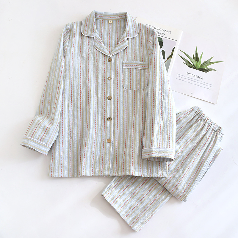 情侣睡衣春秋纯棉女长袖套装条纹日系大码2025新款全棉男士家居服 - 图1