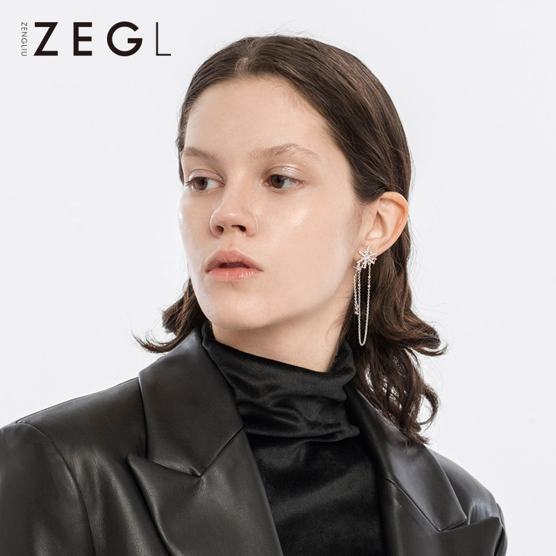 银针耳饰品 设计师圣诞雪花耳钉女气质长款流苏耳环不对称 ZEGL 925 银针耳饰品 设计师圣诞雪花耳钉女气质长款流苏耳环不对称 ZEGL 925