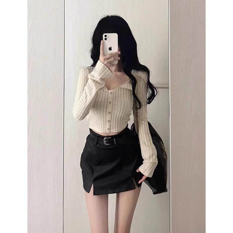 甜美日系方领蕾丝条纹开衫长袖t恤女秋季辣妹纯欲风修身短款上衣,淘宝优惠券,粉丝福利购,淘宝优惠卷