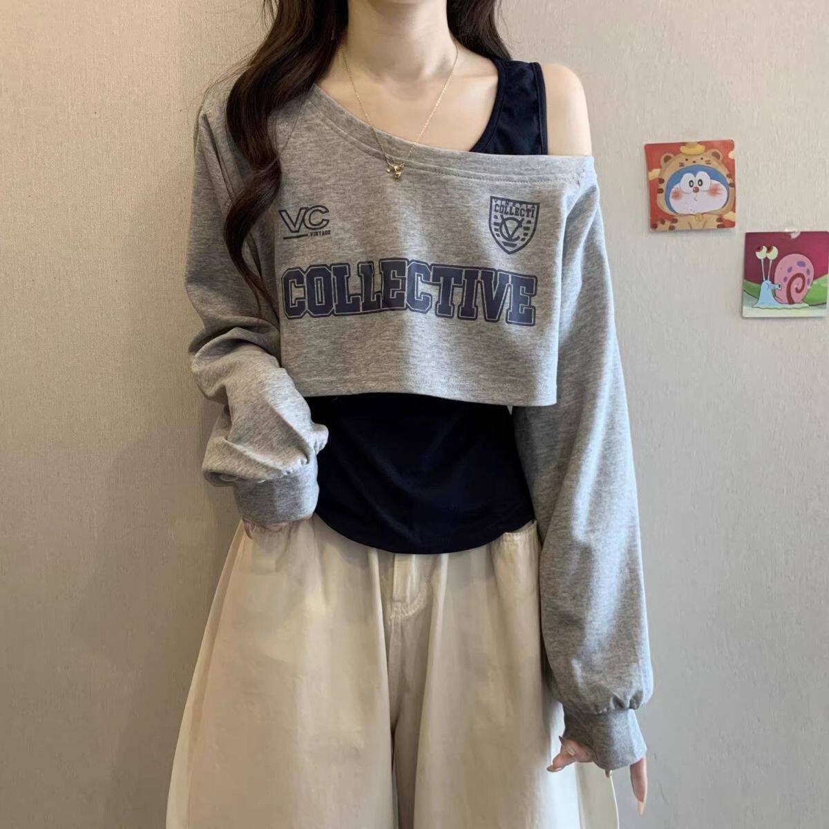 新品短款斜肩长袖T恤女套装2025秋季穿搭卫衣吊带露肩独特小上衣,淘宝优惠券,粉丝福利购,淘宝优惠卷