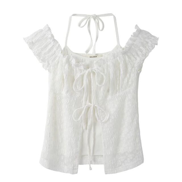 Korean chic summer lace floral fake two-piece halter neck short strap top women's design short-sleeved lace shirt