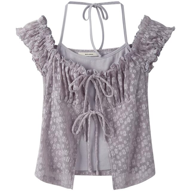 Korean chic summer lace floral fake two-piece halter neck short strap top women's design short-sleeved lace shirt
