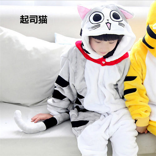 推荐儿童法兰绒动物起司猫连体睡衣男女长袖秋冬珊瑚绒卡通家居服 - 图2