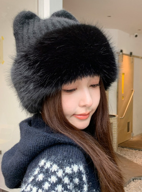 毛线帽可爱猫耳针织帽保暖套头帽