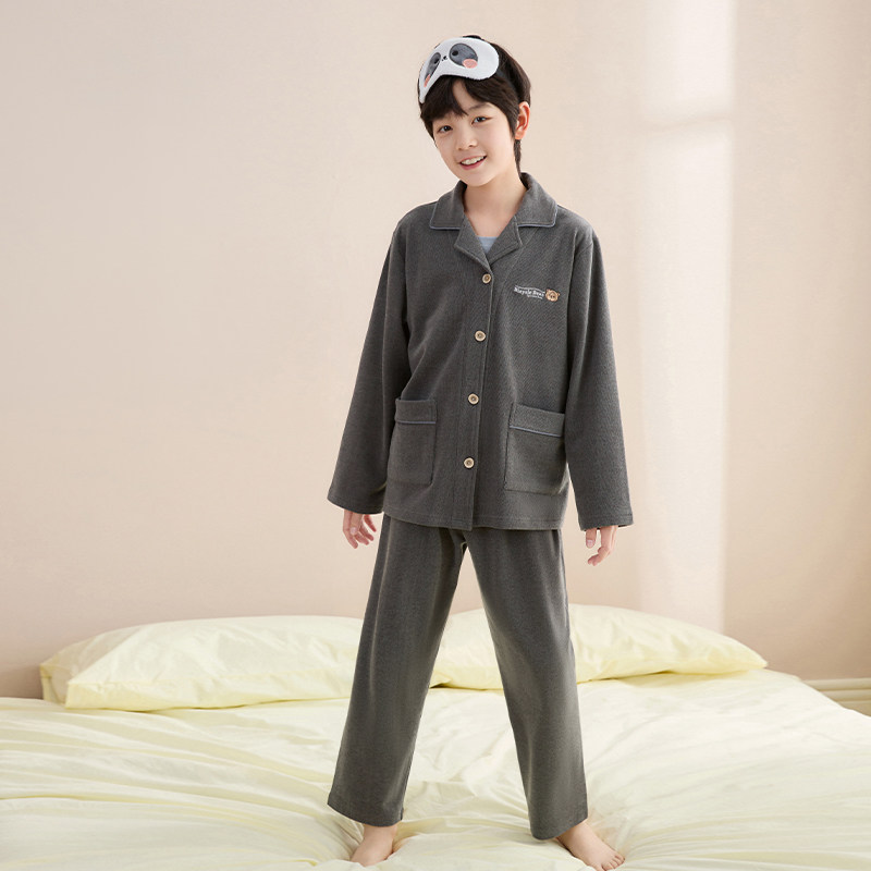 千线艺【轻暖德绒】男童睡衣纯色开衫套装秋冬保暖儿童男孩家居服,淘宝优惠券,粉丝福利购,淘宝优惠卷